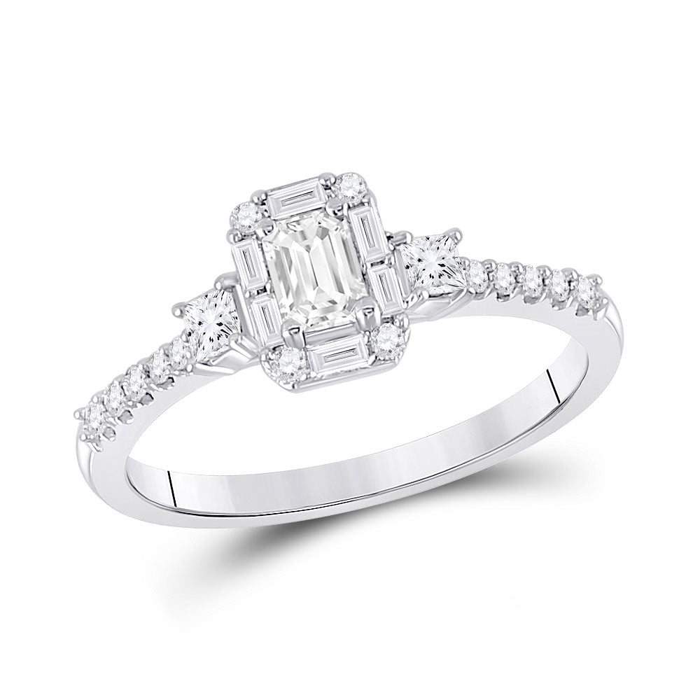 14kt White Gold Emerald Diamond 3-stone Bridal Wedding Engagement Ring 5/8 Cttw