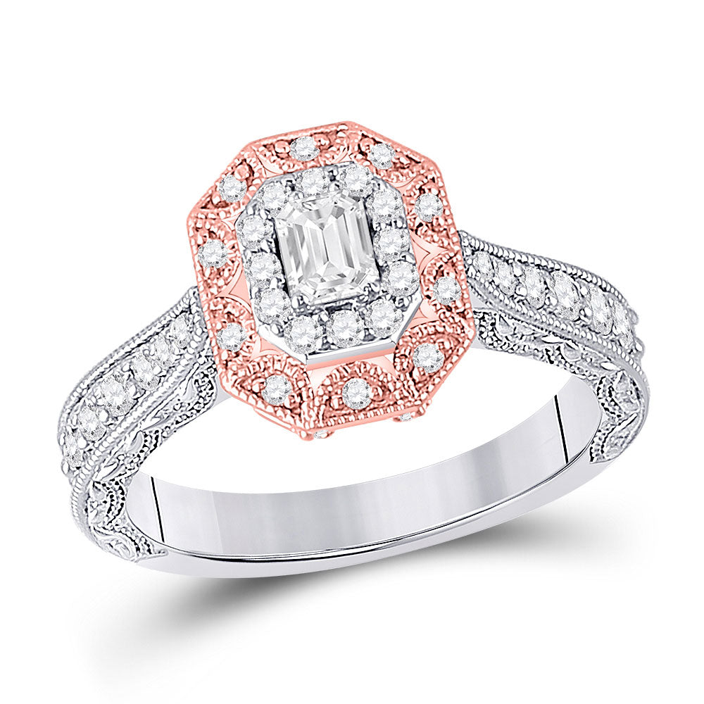 14kt Two-tone Gold Emerald Diamond Halo Bridal Wedding Engagement Ring 3/4 Cttw