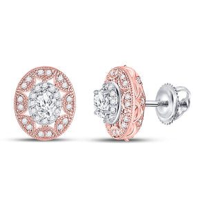 14kt Two-tone Gold Womens Oval Diamond Halo Earrings 1/2 Cttw