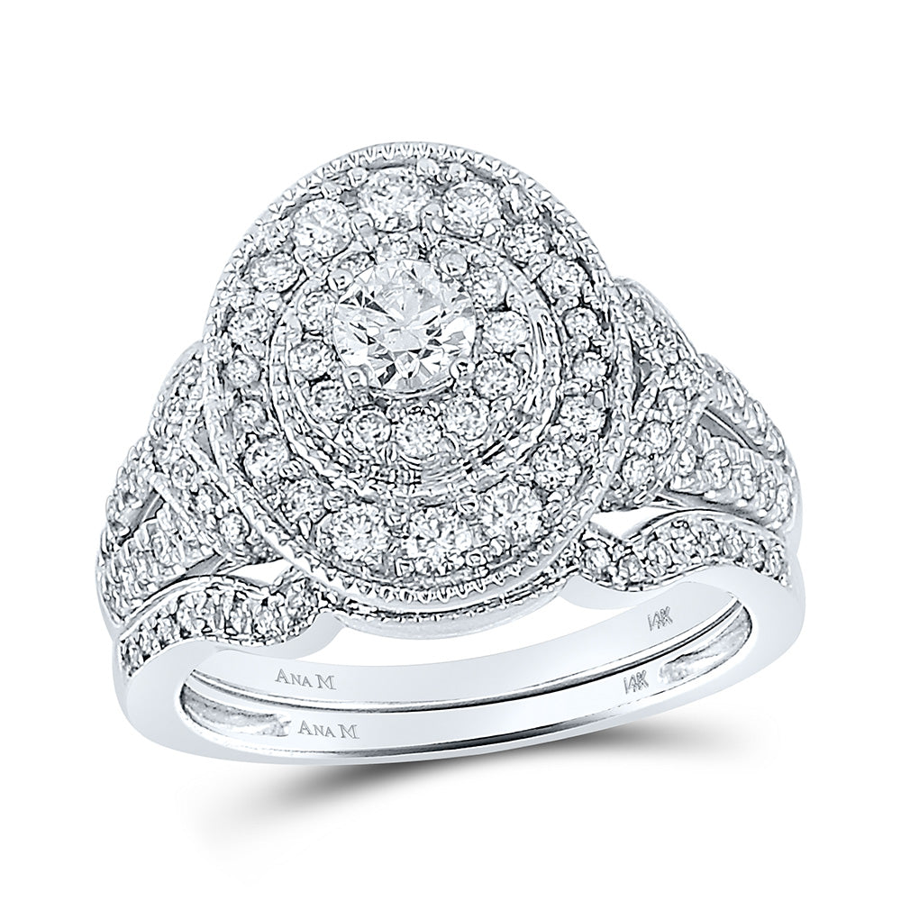 14kt White Gold Round Diamond Oval Halo Bridal Wedding Ring Band Set 1 Cttw