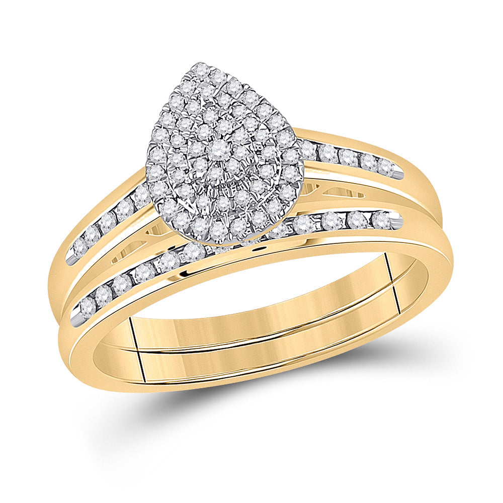 10kt Yellow Gold Round Diamond Pear Bridal Wedding Ring Band Set 1/3 Cttw