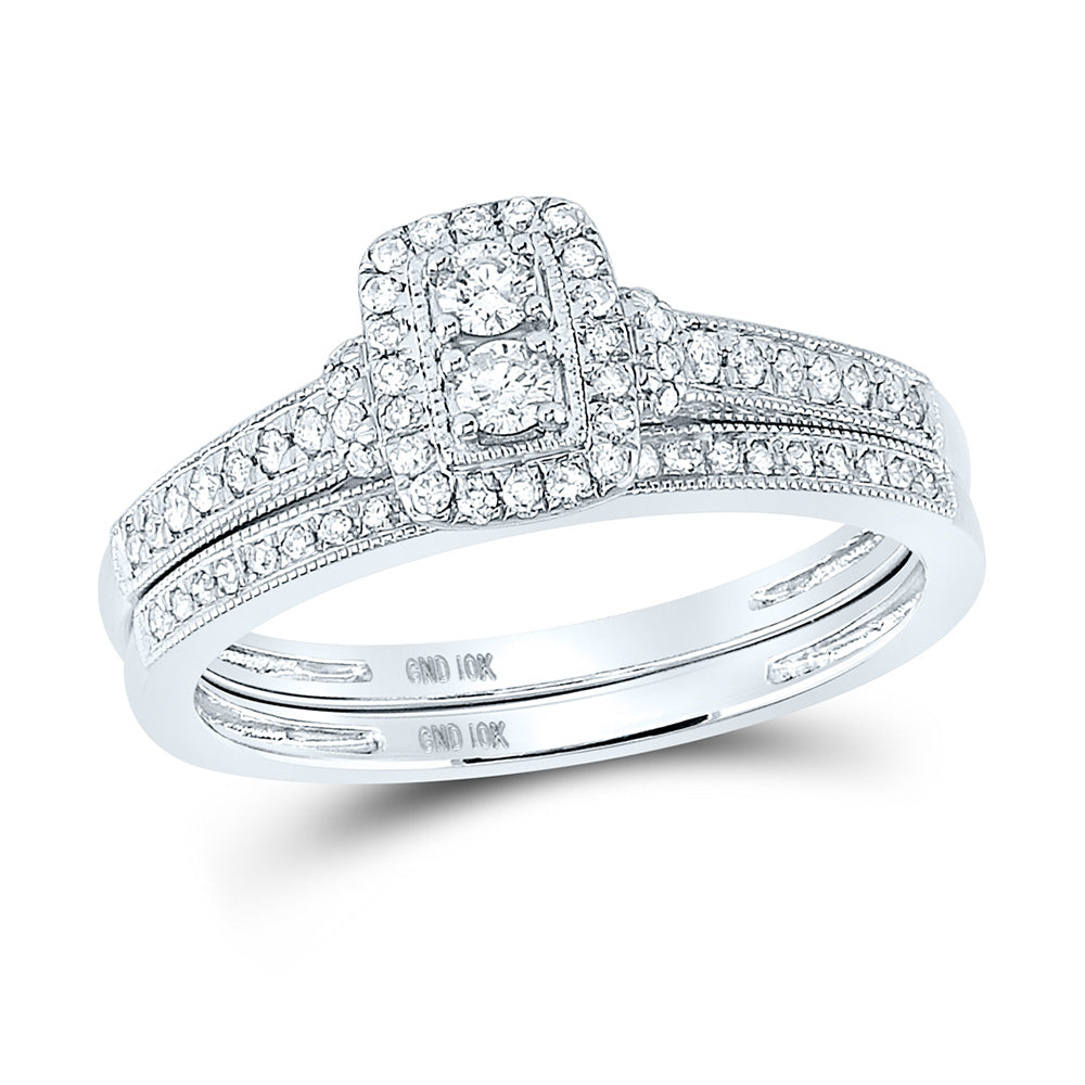 10kt White Gold Round Diamond 2-Stone Bridal Wedding Ring Band Set 1/3 Cttw