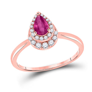 14kt Rose Gold Womens Pear Ruby Teardrop Halo Solitaire Ring 3/4 Cttw