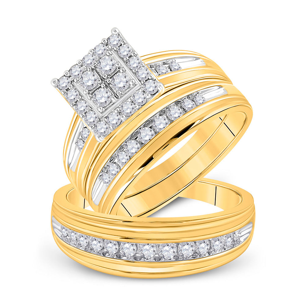 14kt Yellow Gold His Hers Round Diamond Square Matching Wedding Set 1 Cttw