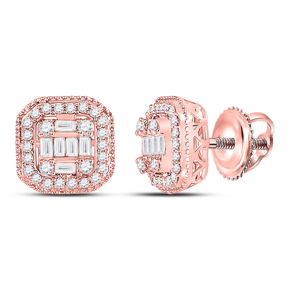 14kt Rose Gold Womens Baguette Diamond Cluster Fashion Earrings 3/8 Cttw