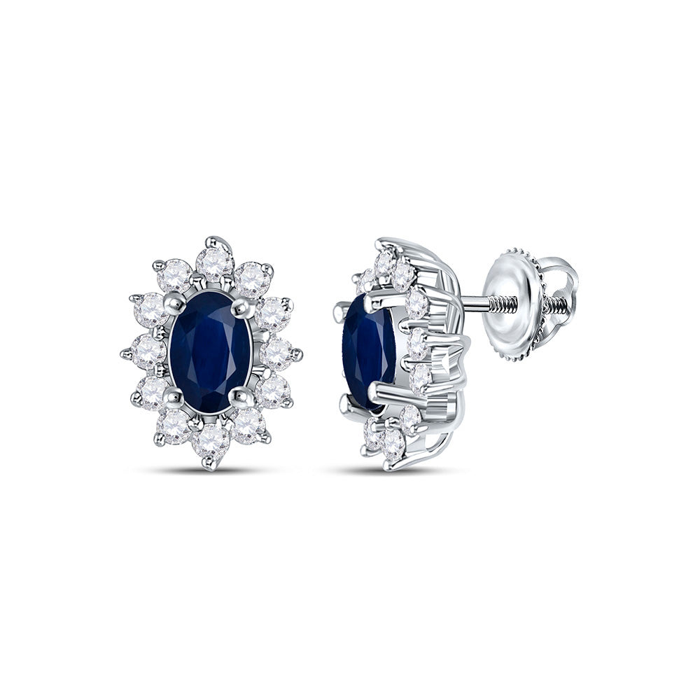 14kt White Gold Womens Oval Blue Sapphire Solitaire Earrings 7/8 Cttw