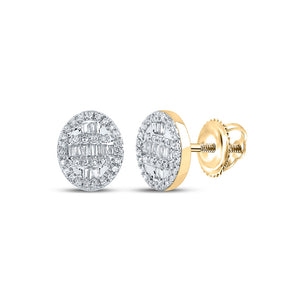 10kt Yellow Gold Mens Baguette Diamond Oval Cluster Earrings 1/3 Cttw