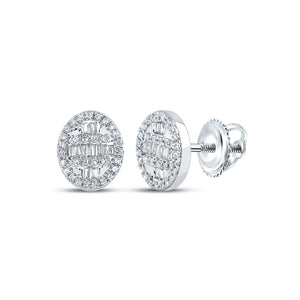 10kt White Gold Mens Baguette Diamond Oval Cluster Earrings 1/3 Cttw