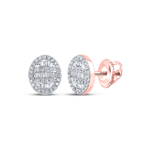 10kt Rose Gold Mens Baguette Diamond Oval Cluster Earrings 1/3 Cttw