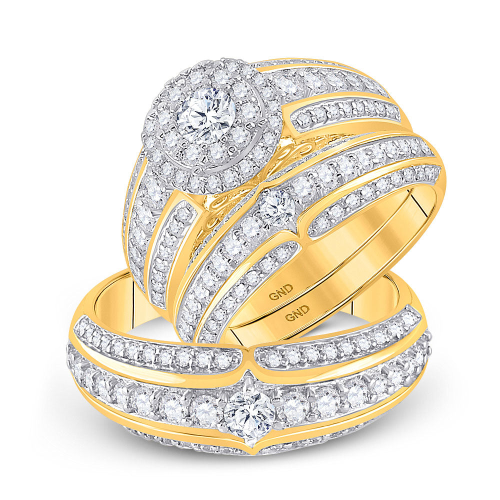 14kt Yellow Gold His Hers Round Diamond Halo Matching Wedding Set 2-1/3 Cttw