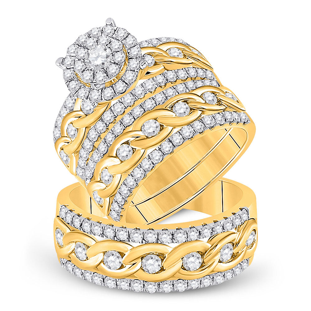 14kt Yellow Gold His Hers Round Diamond Halo Matching Wedding Set 2-7/8 Cttw