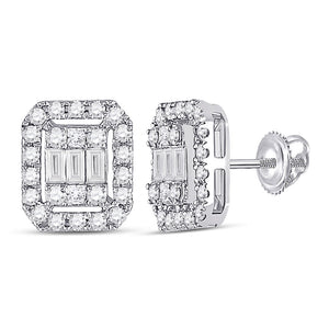 14kt White Gold Womens Baguette Diamond Rectangle Cluster Earrings 1/2 Cttw