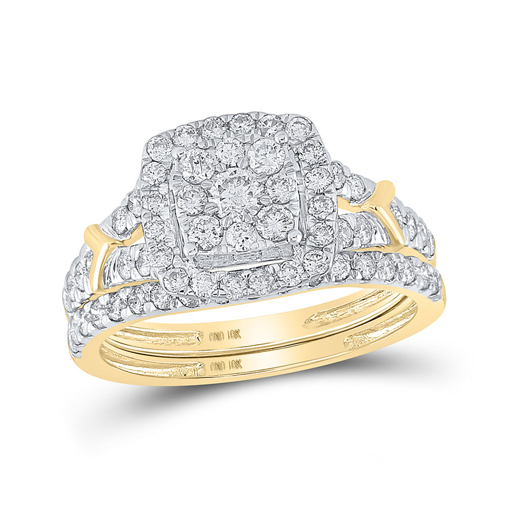 10kt Yellow Gold Round Diamond Halo Bridal Wedding Ring Band Set 1 Cttw