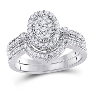 10kt White Gold Round Diamond Oval Cluster Bridal Wedding Ring Band Set 1/2 Cttw