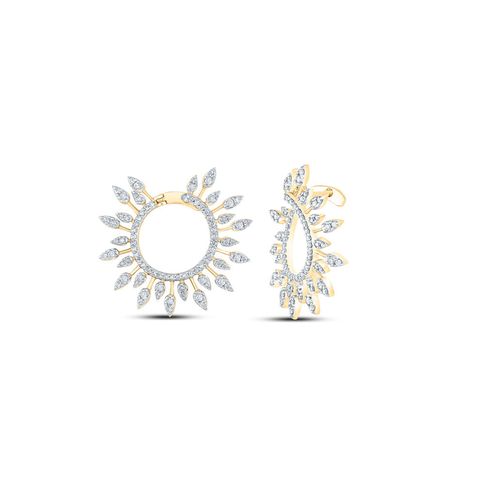 14kt Yellow Gold Womens Round Diamond Sunburst Hoop Earrings 1 Cttw