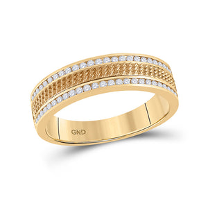 14kt Yellow Gold Mens Round Diamond Wedding Textured Band Ring 1/3 Cttw