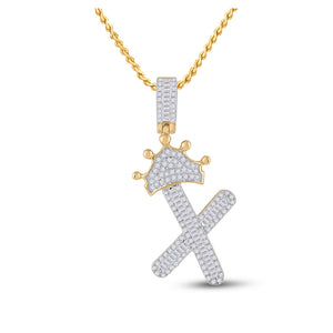 10kt Yellow Gold Mens Baguette Diamond Crown X Letter Charm Pendant 5/8 Cttw