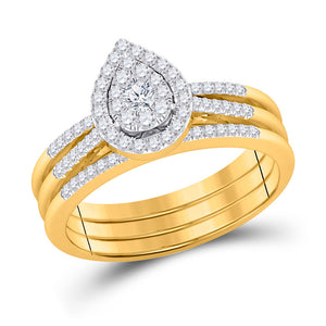 14kt Yellow Gold Round Diamond 3-Piece Bridal Wedding Ring Band Set 1/2 Cttw