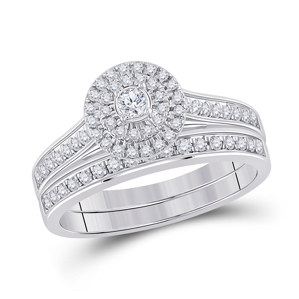 10kt White Gold Round Diamond Halo Bridal Wedding Ring Band Set 1/2 Cttw