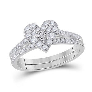 10kt White Gold Round Diamond Heart Bridal Wedding Ring Band Set 1/2 Cttw