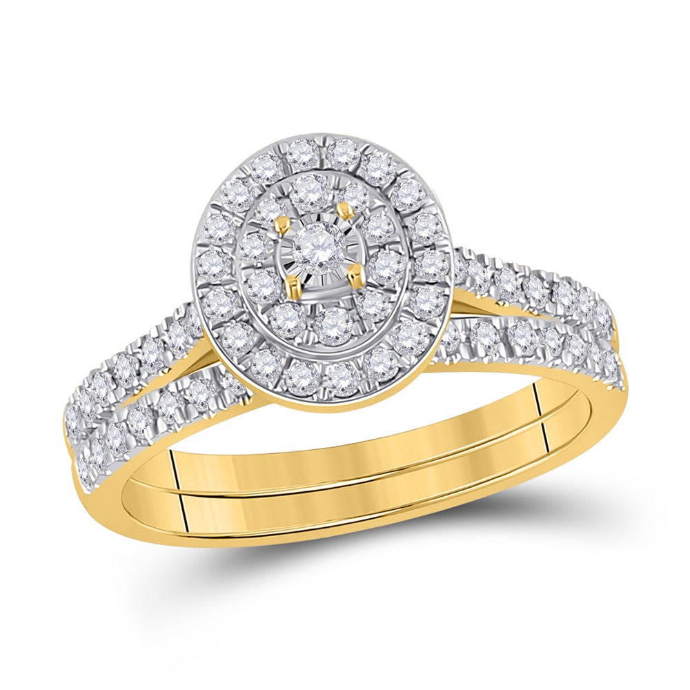 10kt Yellow Gold Round Diamond Oval Halo Bridal Wedding Ring Band Set 1/2 Cttw