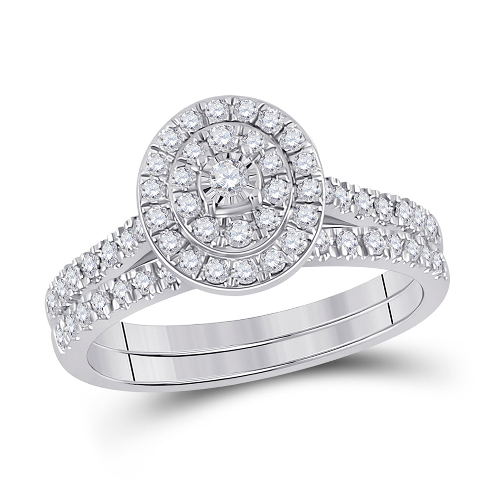 10kt White Gold Round Diamond Oval Halo Bridal Wedding Ring Band Set 1/2 Cttw