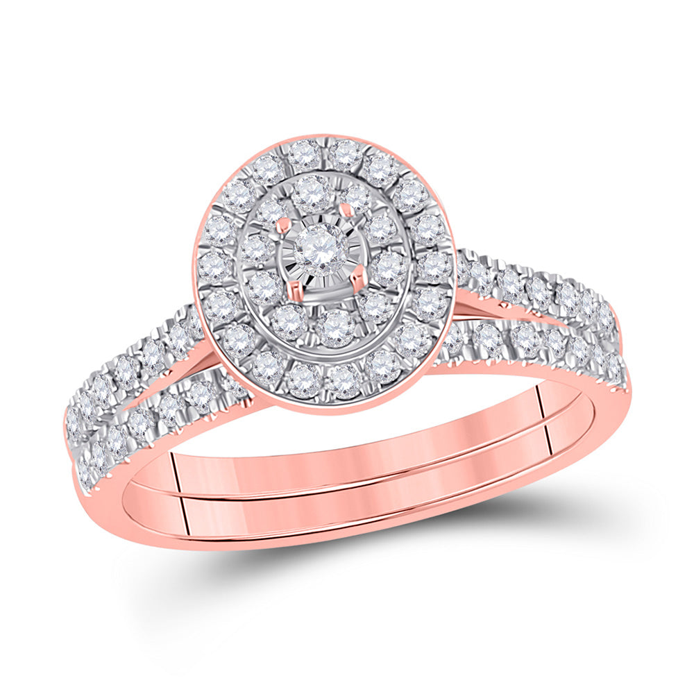 10kt Rose Gold Round Diamond Oval Halo Bridal Wedding Ring Band Set 1/2 Cttw