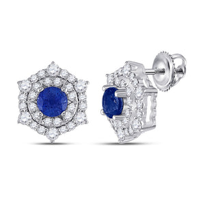 14kt White Gold Womens Round Blue Sapphire Diamond Halo Earrings 1-1/4 Cttw