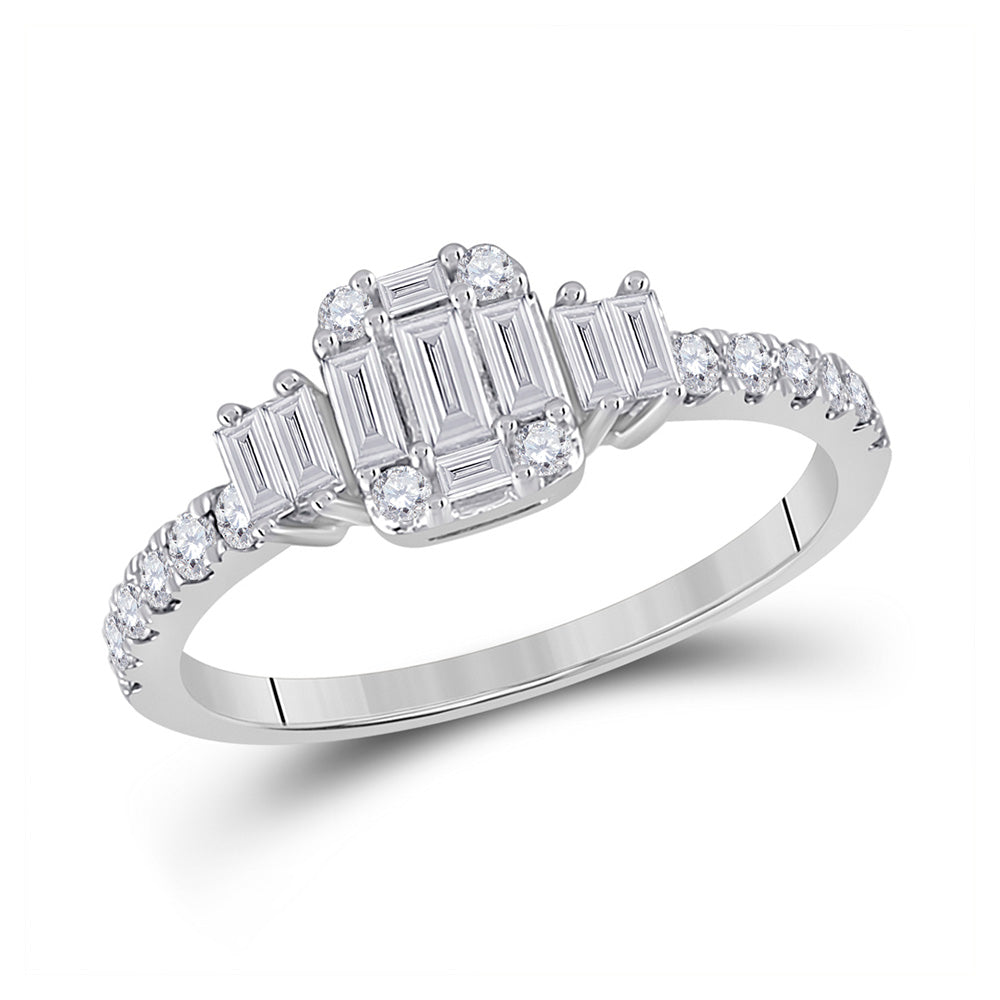 14kt White Gold Womens Baguette Diamond Cluster Ring 5/8 Cttw
