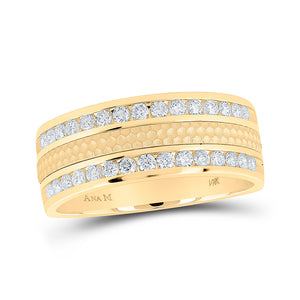 14kt Yellow Gold Mens Round Diamond Wedding Hammered Band Ring 3/4 Cttw