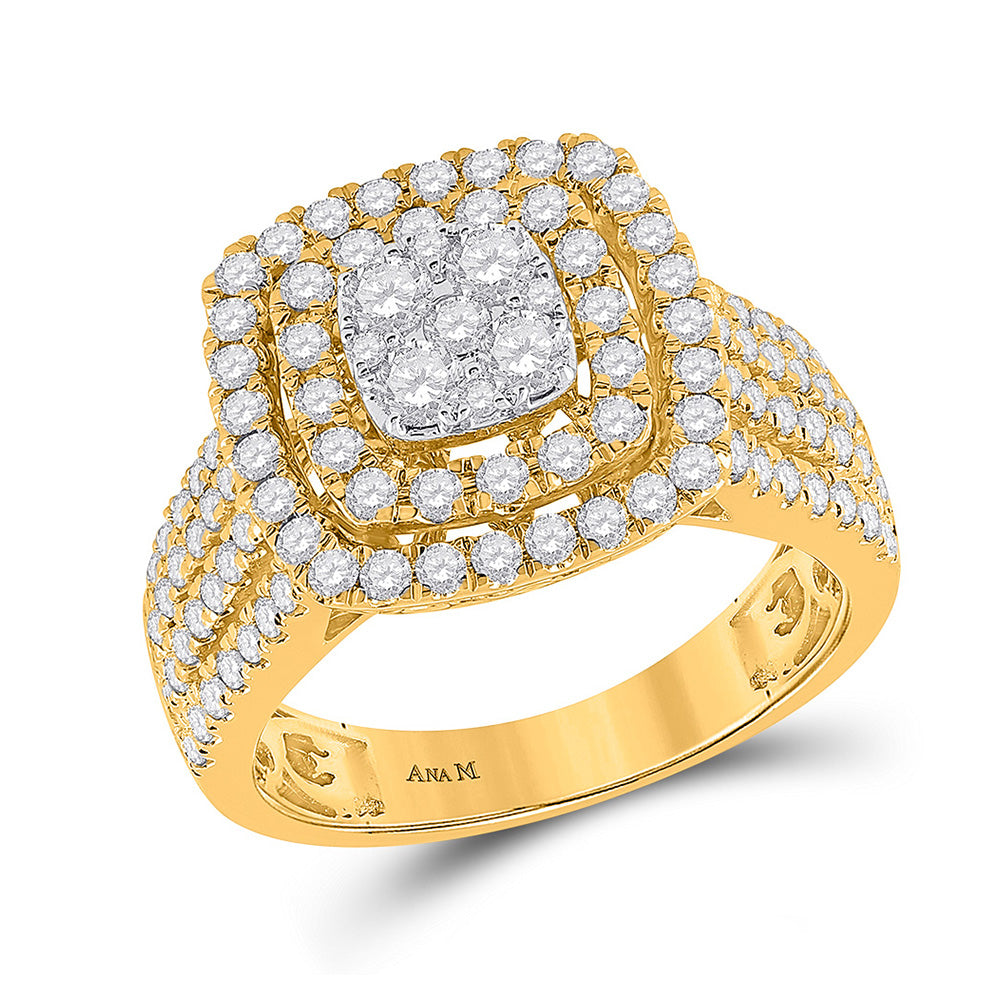 14kt Yellow Gold Womens Round Diamond Square Cluster Ring 1-1/2 Cttw