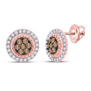 10kt Rose Gold Womens Round Brown Diamond Cluster Earrings 3/8 Cttw