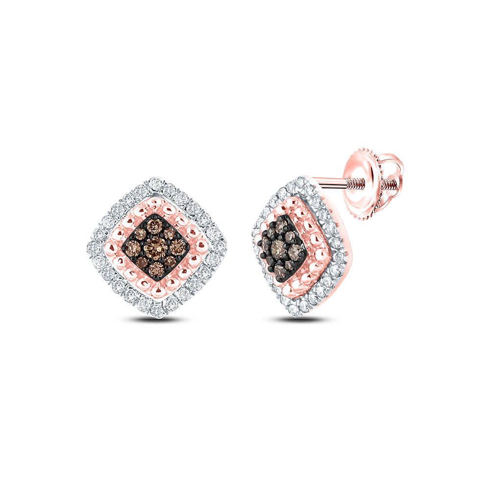 10kt Rose Gold Womens Round Brown Diamond Square Earrings 1/3 Cttw