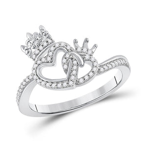 10kt White Gold Womens Round Diamond King Queen Heart Ring 1/6 Cttw