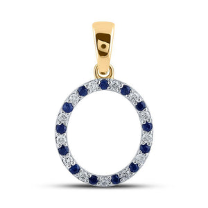 10kt Yellow Gold Womens Round Lab-Created Blue Sapphire Diamond O Letter Pendant 1/4 Cttw