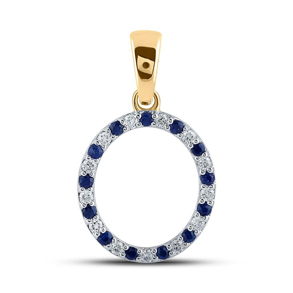 10kt Yellow Gold Womens Round Lab-Created Blue Sapphire Diamond O Letter Pendant 1/4 Cttw