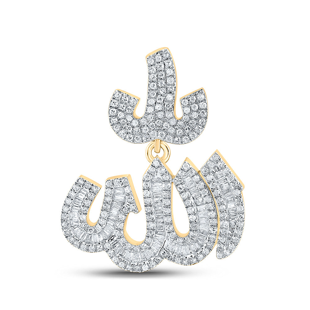 10kt Yellow Gold Mens Baguette Diamond Allah Islam Charm Pendant 1-3/4 Cttw