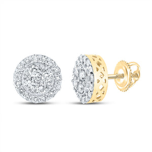 10kt Yellow Gold Mens Round Diamond Cluster Earrings 7/8 Cttw