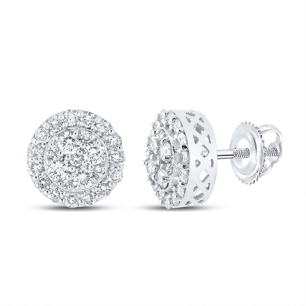10kt White Gold Mens Round Diamond Cluster Earrings 7/8 Cttw