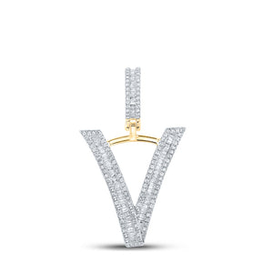 10kt Yellow Gold Mens Baguette Diamond Initial V Letter Charm Pendant 3/4 Cttw