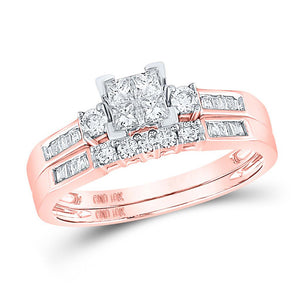 10kt Rose Gold Princess Diamond Bridal Wedding Ring Band Set 1/2 Cttw