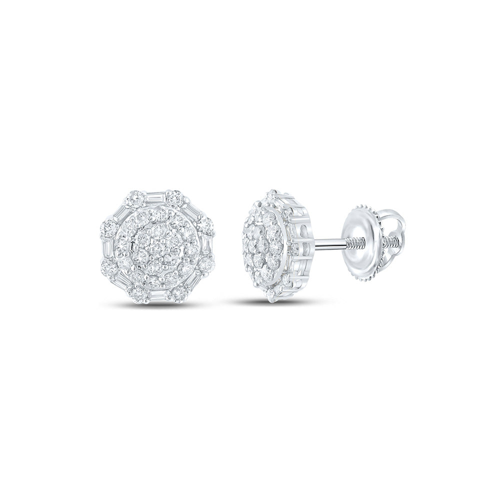 10kt White Gold Mens Baguette Diamond Octagon Cluster Earrings 5/8 Cttw