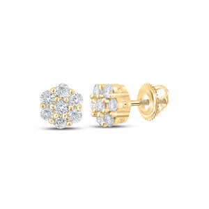 10kt Yellow Gold Mens Round Diamond Flower Cluster Earrings 1/4 Cttw