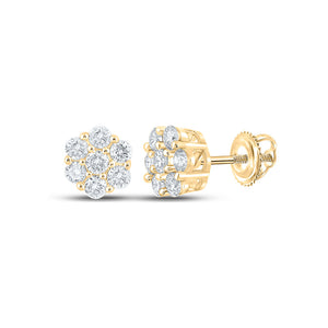10kt Yellow Gold Mens Round Diamond Flower Cluster Earrings 3/4 Cttw