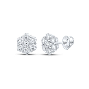 14kt White Gold Mens Round Diamond Flower Cluster Earrings 1-7/8 Cttw