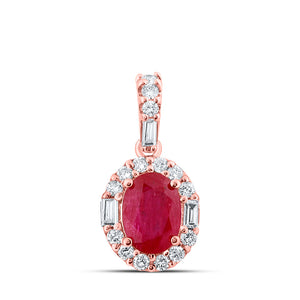 14kt Rose Gold Womens Oval Ruby Diamond Fashion Pendant 1-1/4 Cttw