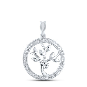 Sterling Silver Womens Round Diamond Tree of Life Circle Pendant 1/12 Cttw