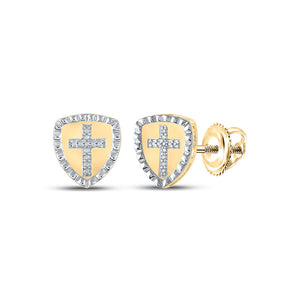 10kt Yellow Gold Womens Round Diamond Shield Cross Earrings 1/20 Cttw