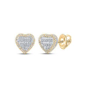 10kt Yellow Gold Mens Baguette Diamond Heart Earrings 5/8 Cttw