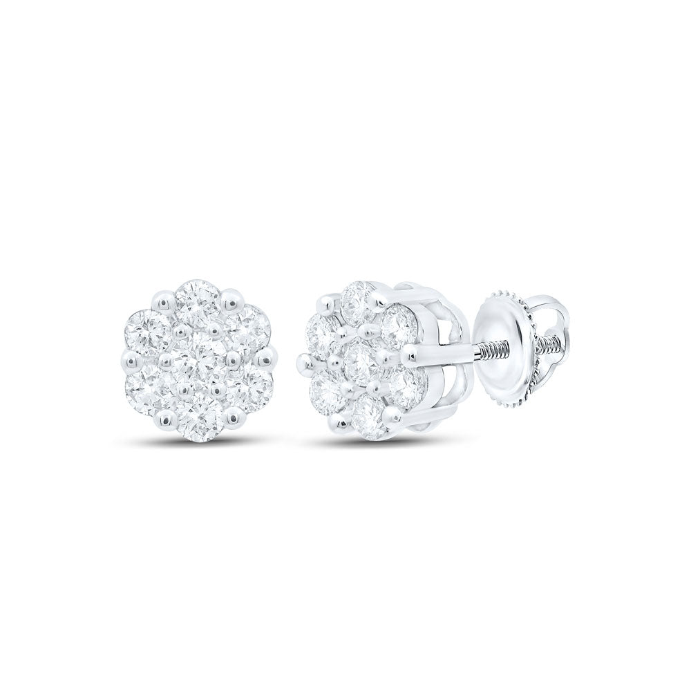 14kt White Gold Womens Round Diamond Flower Cluster Earrings 1/5 Cttw